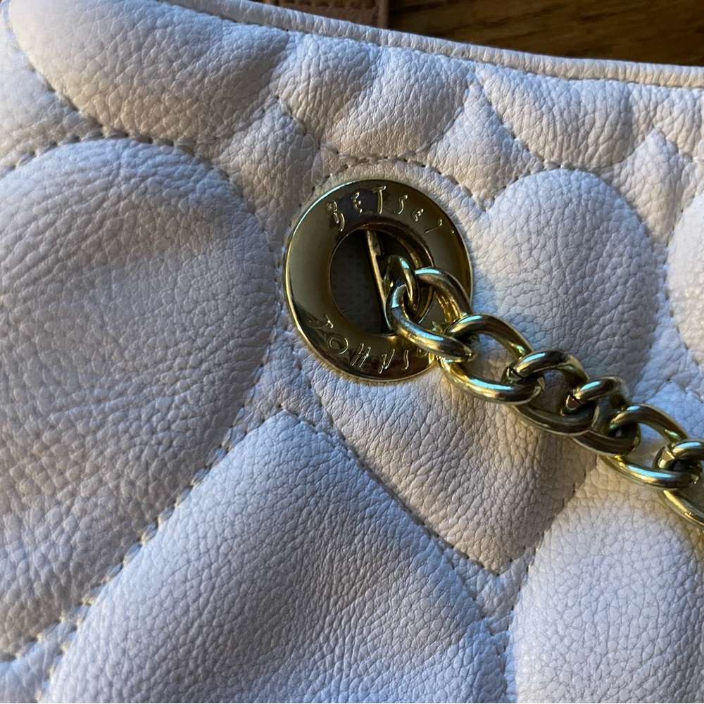Betsey Johnson Cream and Tan Heart Quilted Bag with Pink Rose - Picture 8 of 9